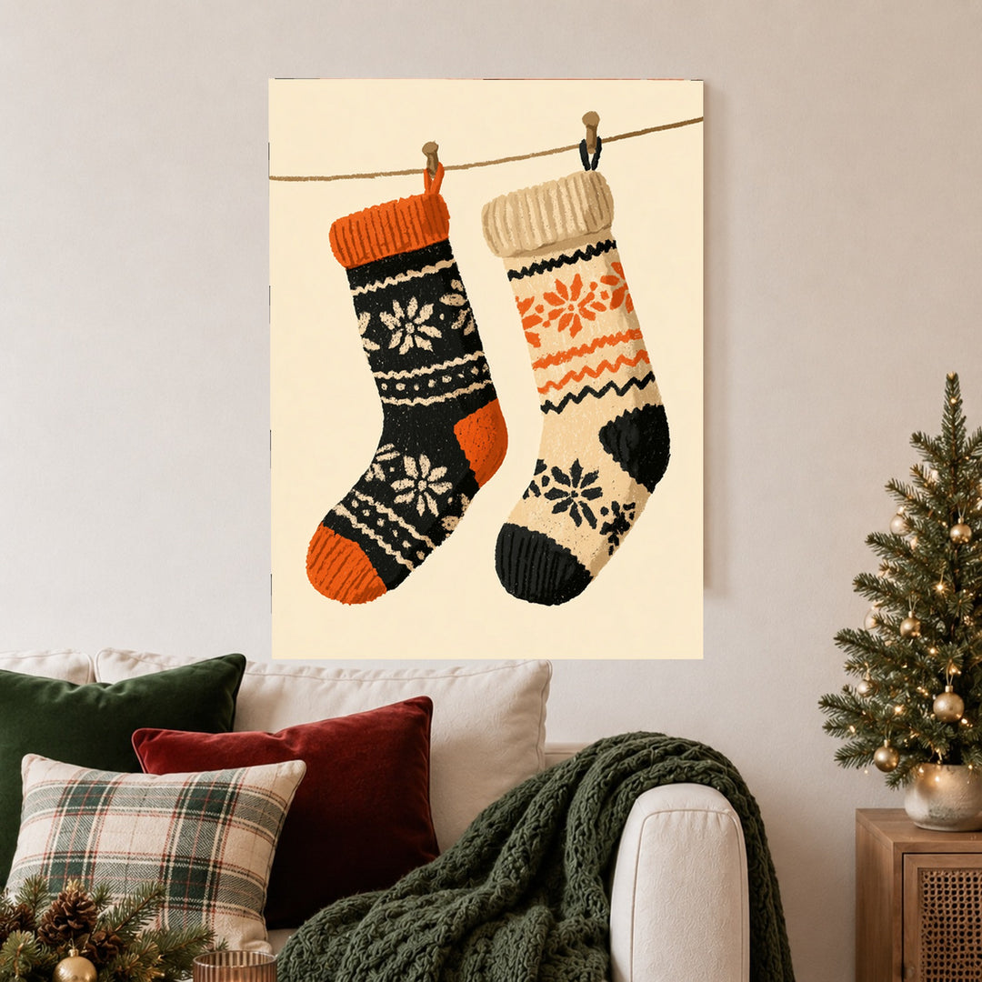 Zwei Weihnachtsstrümpfe Retro Leinwandbild – Ohne Rahmen – Produktfoto