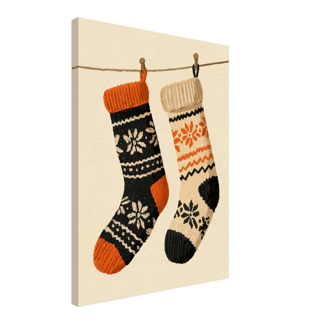 Zwei Weihnachtsstrümpfe Retro Leinwandbild – Schräge Ansicht – Produktfoto
