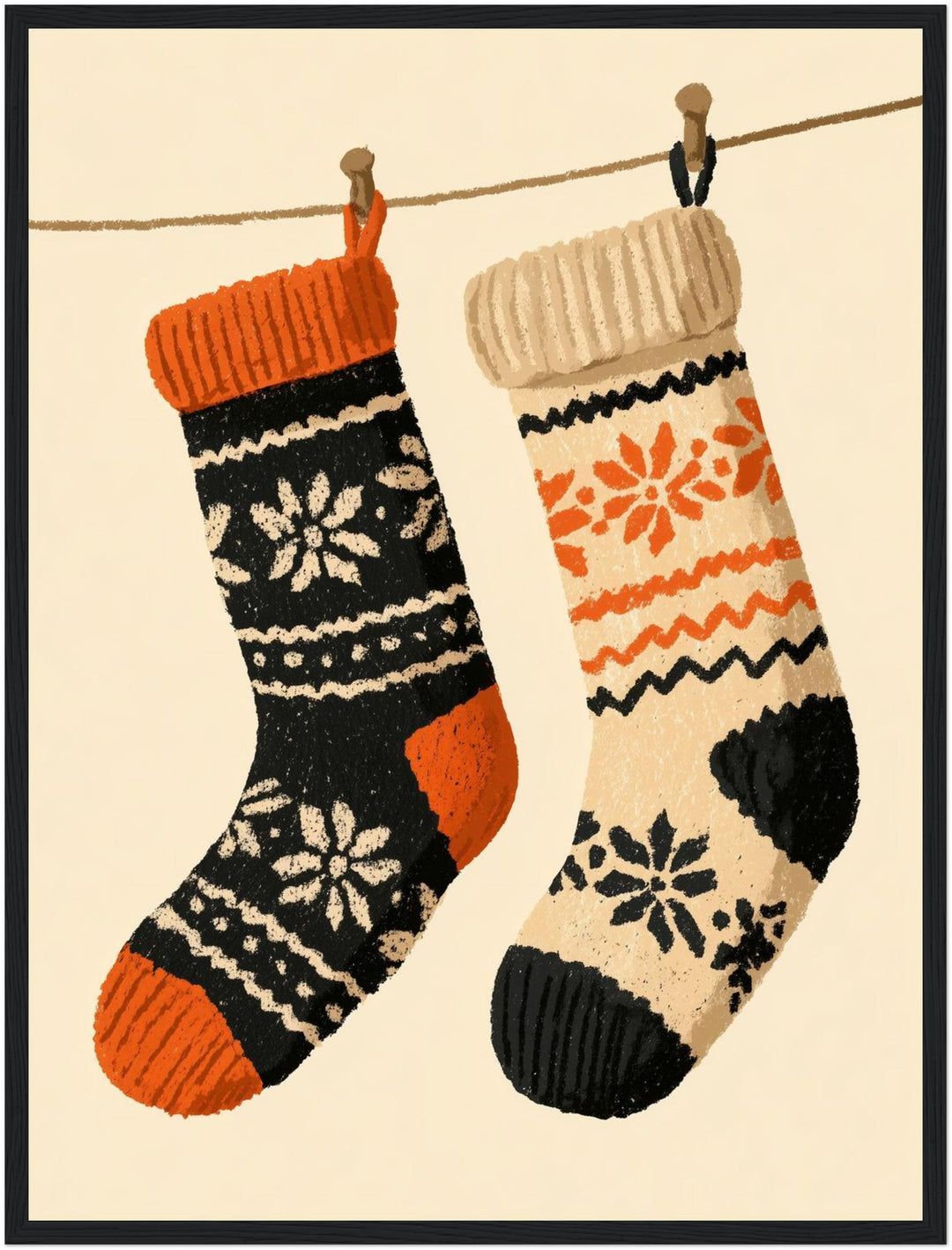 Zwei Weihnachtsstrümpfe Retro Poster – Schwarzer Rahmen – Produktfoto
