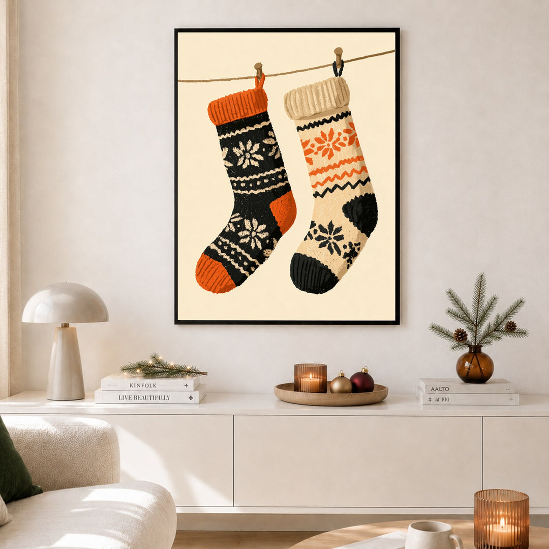 Zwei Weihnachtsstrümpfe Retro Poster – Schwarzer Rahmen – Produktfoto