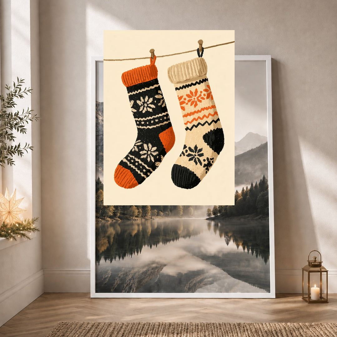 Zwei Weihnachtsstrümpfe Retro Poster – Weißer Rahmen – Produktfoto