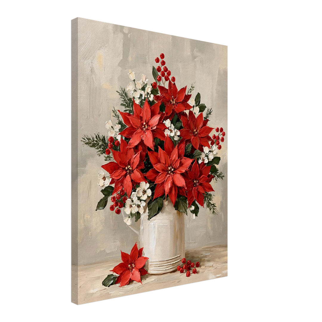 Weihnachtliche Poinsettien im Krug Leinwandbild – Schräge Ansicht – Produktfoto