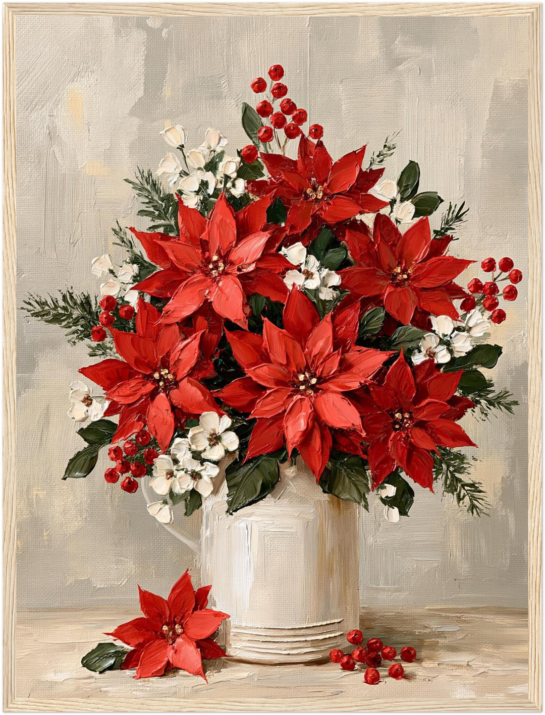 Weihnachtliche Poinsettien im Krug Poster – Holz natur Rahmen – Produktfoto