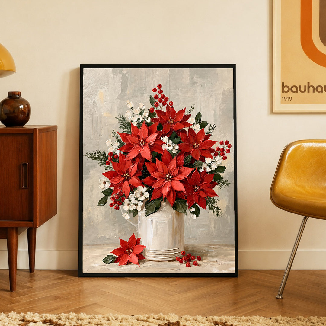 Weihnachtliche Poinsettien im Krug Poster – Schwarzer Rahmen – Produktfoto