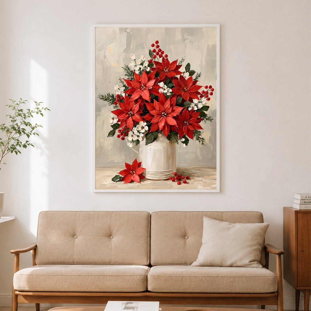 Weihnachtliche Poinsettien im Krug Poster – Weißer Rahmen – Produktfoto