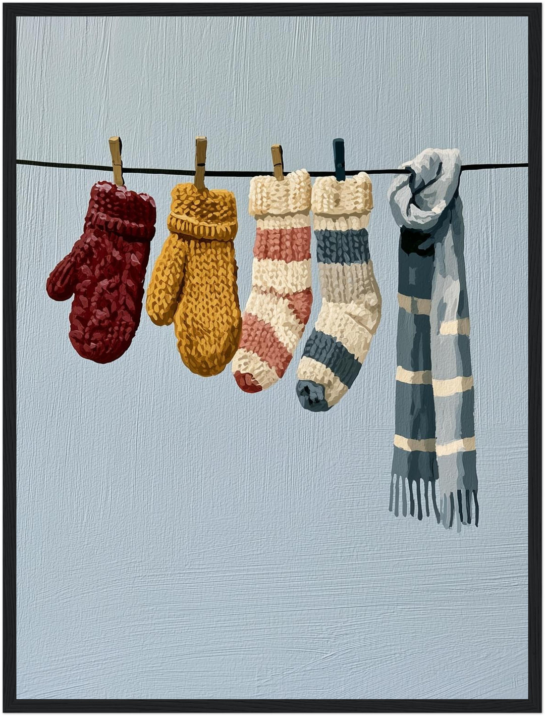 Wäscheleine im Winter Poster – Schwarzer Rahmen – Produktfoto