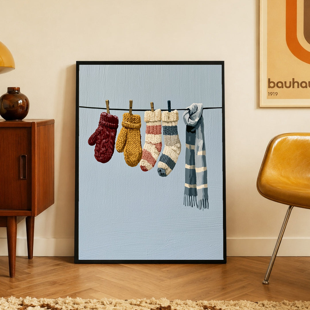 Wäscheleine im Winter Poster – Schwarzer Rahmen – Produktfoto
