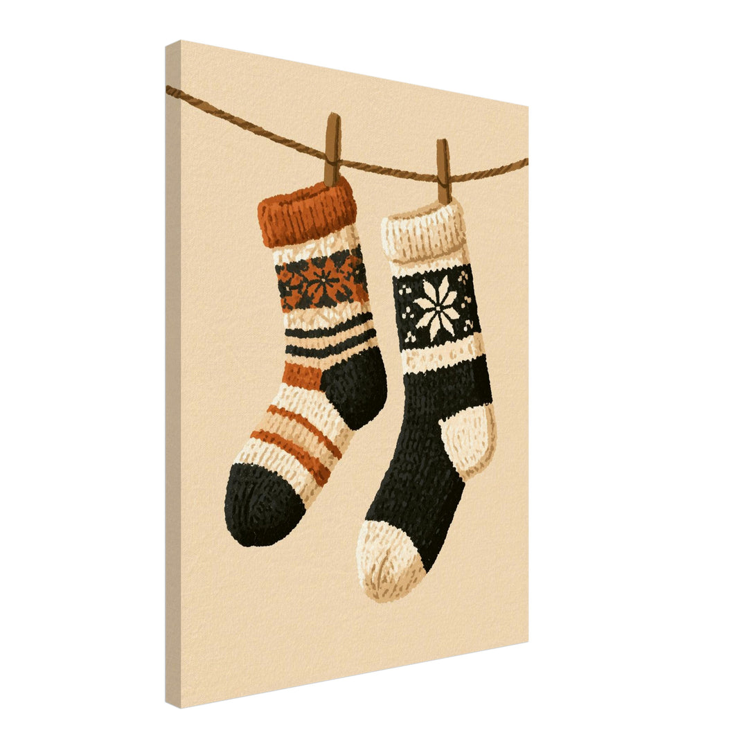 Winterliche Wollsocken Retro Leinwandbild – Schräge Ansicht – Produktfoto