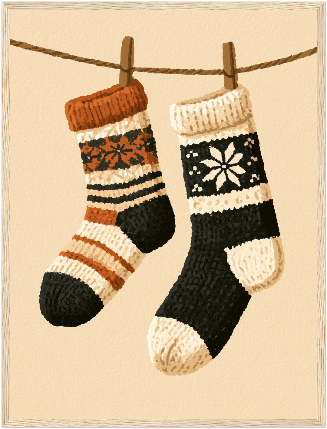 Winterliche Wollsocken Retro Poster – Holz natur Rahmen – Produktfoto