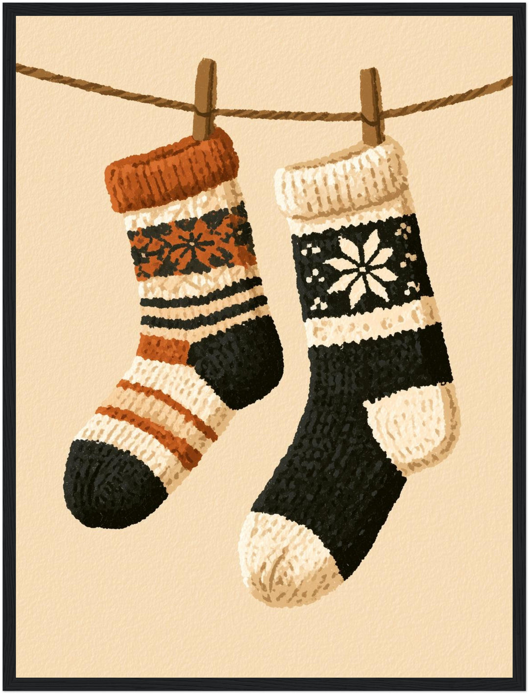 Winterliche Wollsocken Retro Poster – Schwarzer Rahmen – Produktfoto