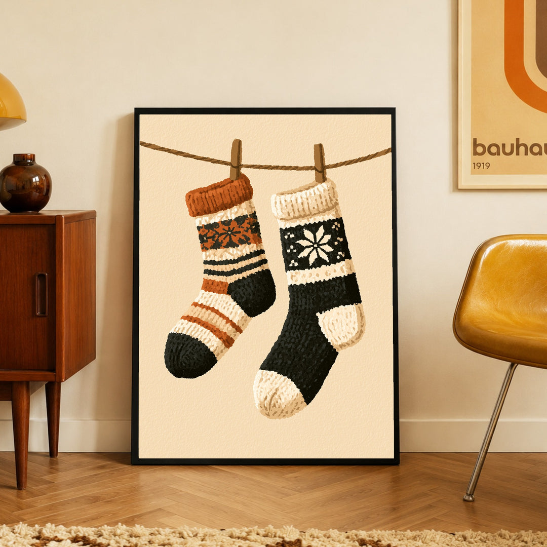Winterliche Wollsocken Retro Poster – Schwarzer Rahmen – Produktfoto