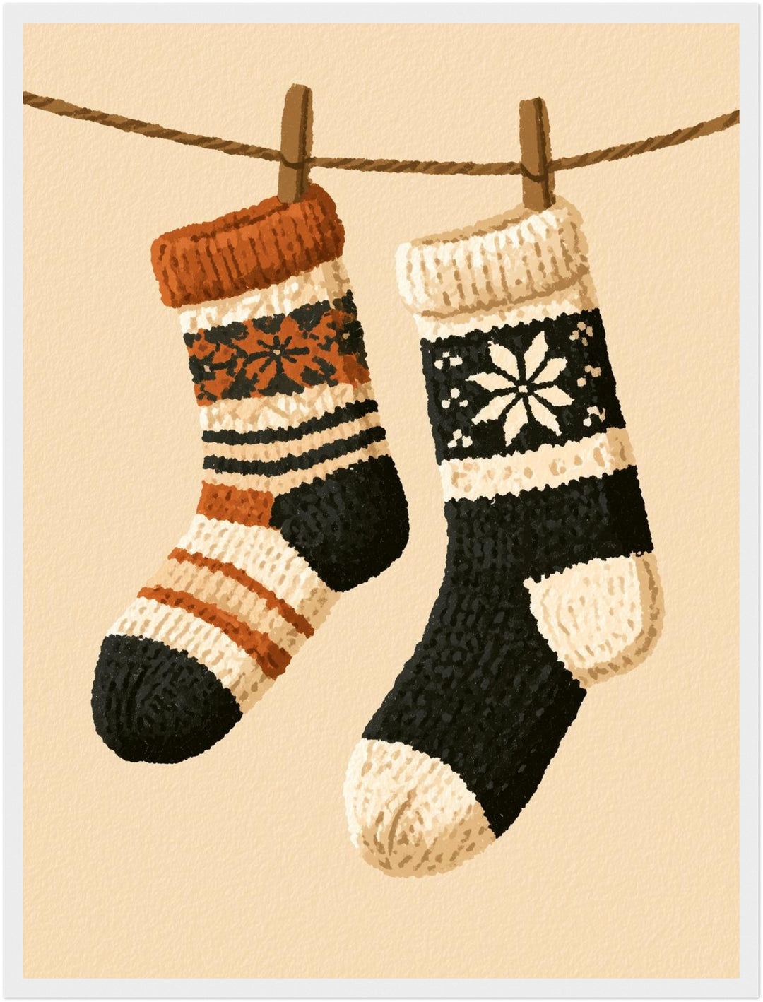 Winterliche Wollsocken Retro Poster – Weißer Rahmen – Produktfoto