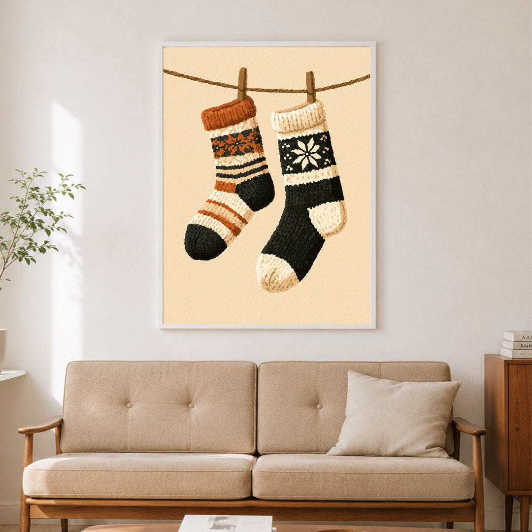 Winterliche Wollsocken Retro Poster – Weißer Rahmen – Produktfoto