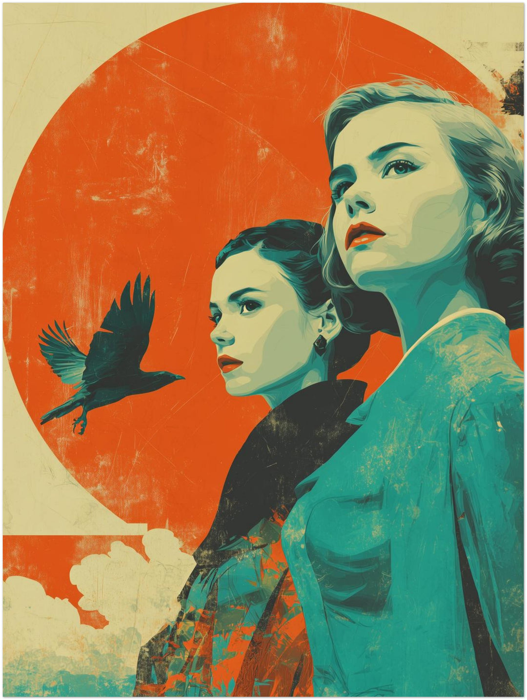 Zwei Frauen und Rabe Retro – Wandkunst