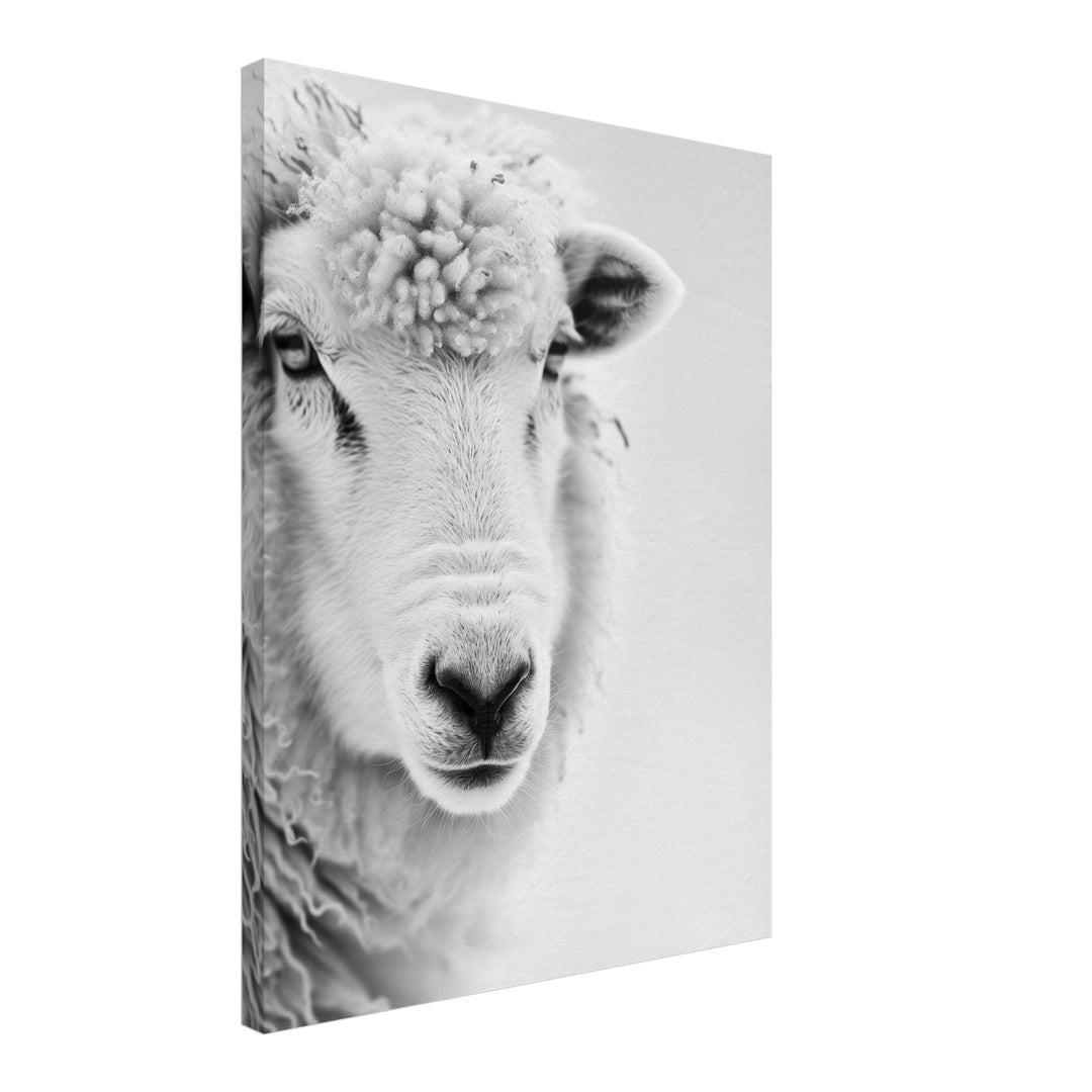 Schaf Portrait Schwarz Weiss Leinwandbild – Schräge Ansicht – Produktfoto