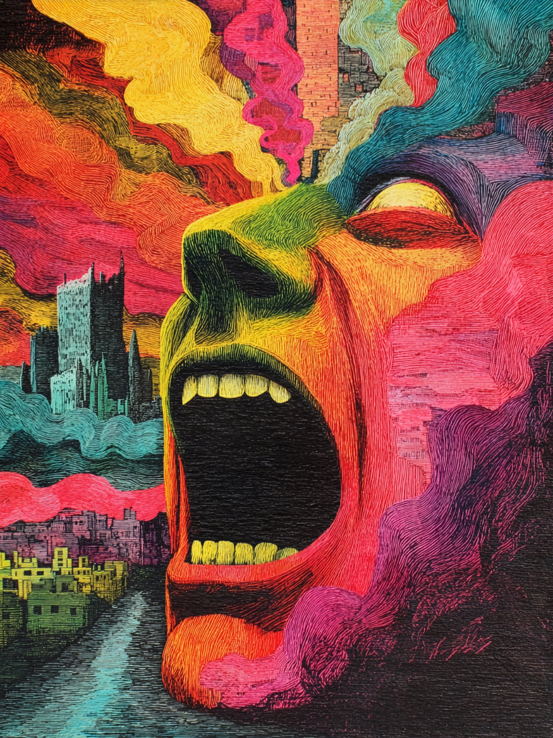Schreiendes Gesicht mit Farbenrausch Psychedelic – Wandkunst