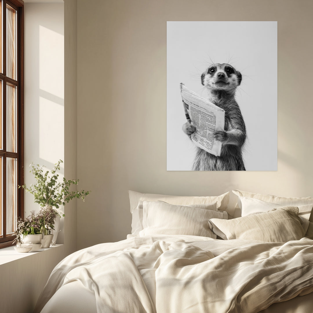 Erdmännchen mit Zeitung Leinwandbild abstrakt – Leinwand auf Holzrahmen – Ansicht 3