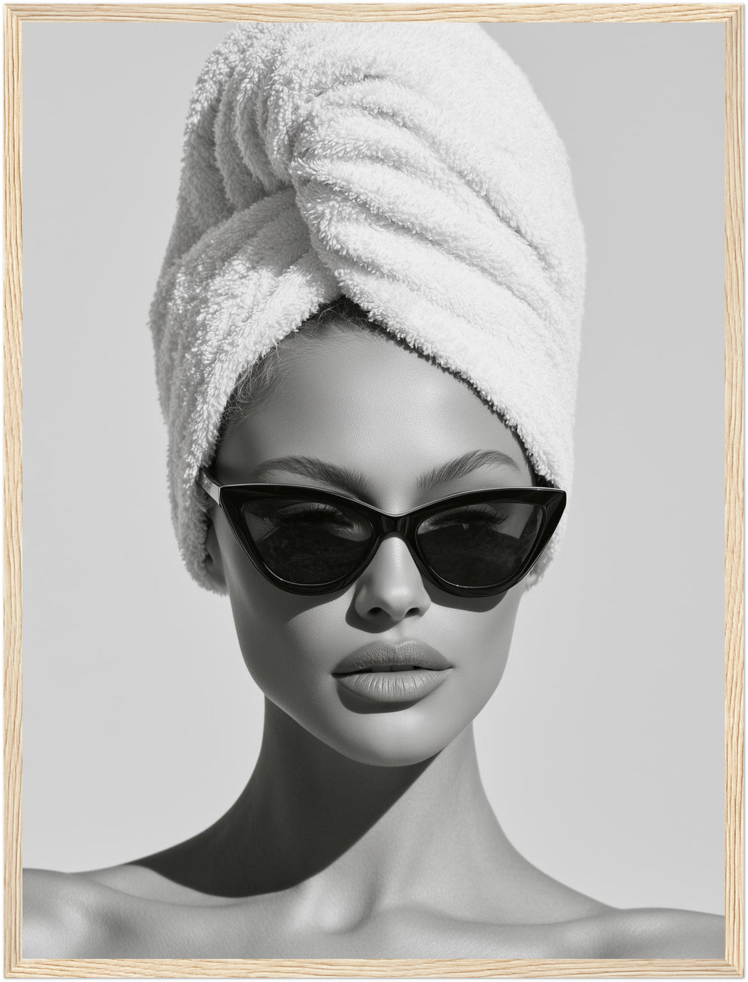Frau mit Handtuch und Sonnenbrille Poster – Holz natur Rahmen – Produktfoto
