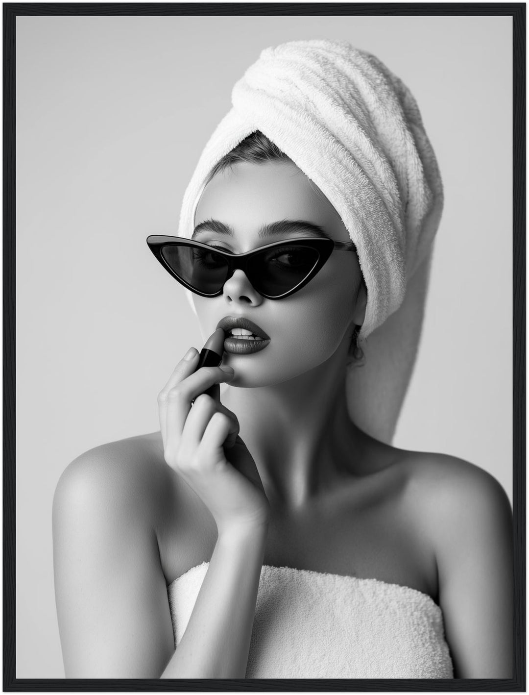 Frau mit Handtuch-Turban Poster – Schwarzer Rahmen – Produktfoto