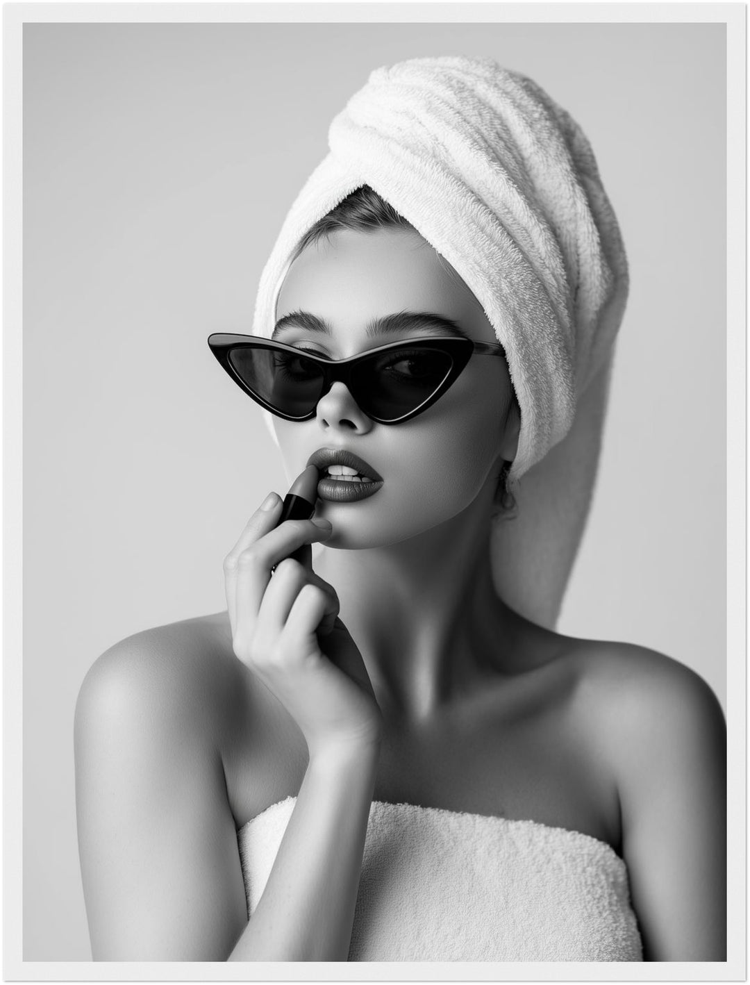 Frau mit Handtuch-Turban Poster – Weißer Rahmen – Produktfoto