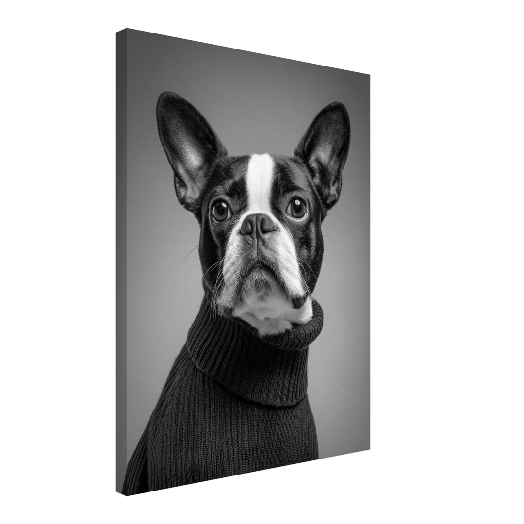 Hund mit Pullover Leinwandbild abstrakt – Leinwand auf Holzrahmen – Ansicht 2