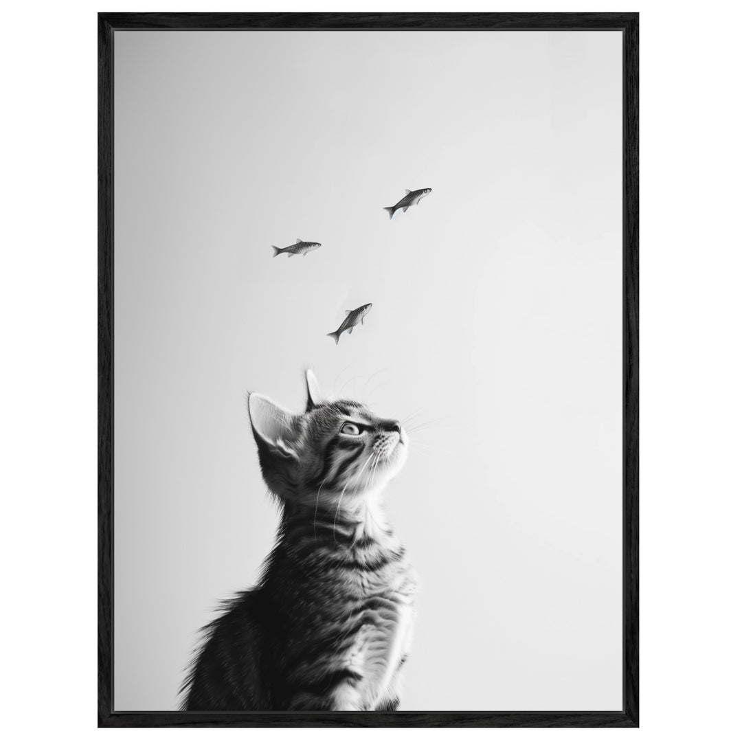 Katze Fische Leinwand schwarz weiß – Leinwand auf Holzrahmen – Ansicht 3