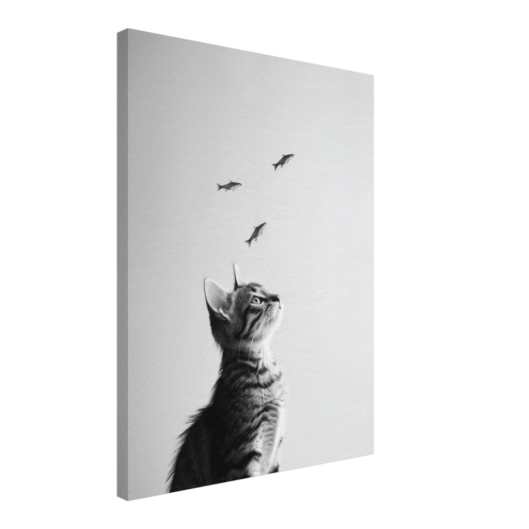 Katze Fische Leinwand schwarz weiß – Leinwand auf Holzrahmen – Ansicht 2