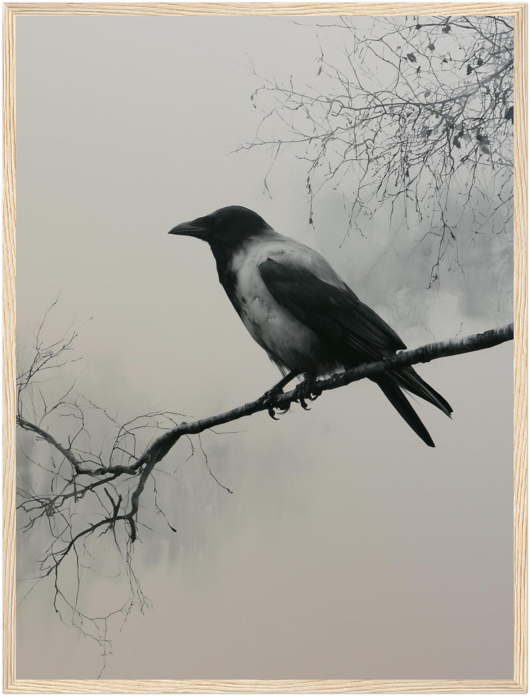 Nebelkrähe auf kahlem Ast Poster – Holz natur Rahmen – Produktfoto
