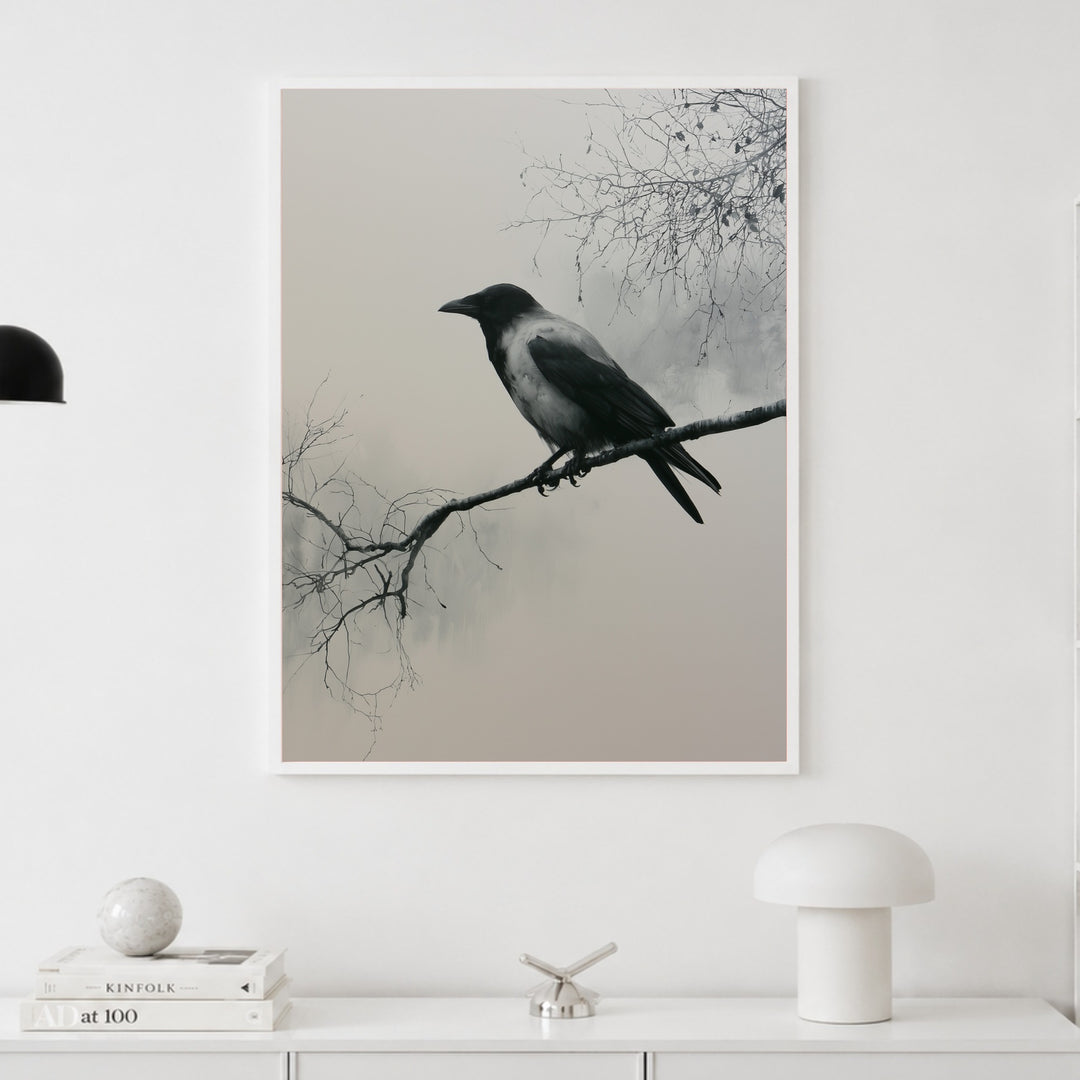 Nebelkrähe auf kahlem Ast Poster – Weißer Rahmen – Produktfoto