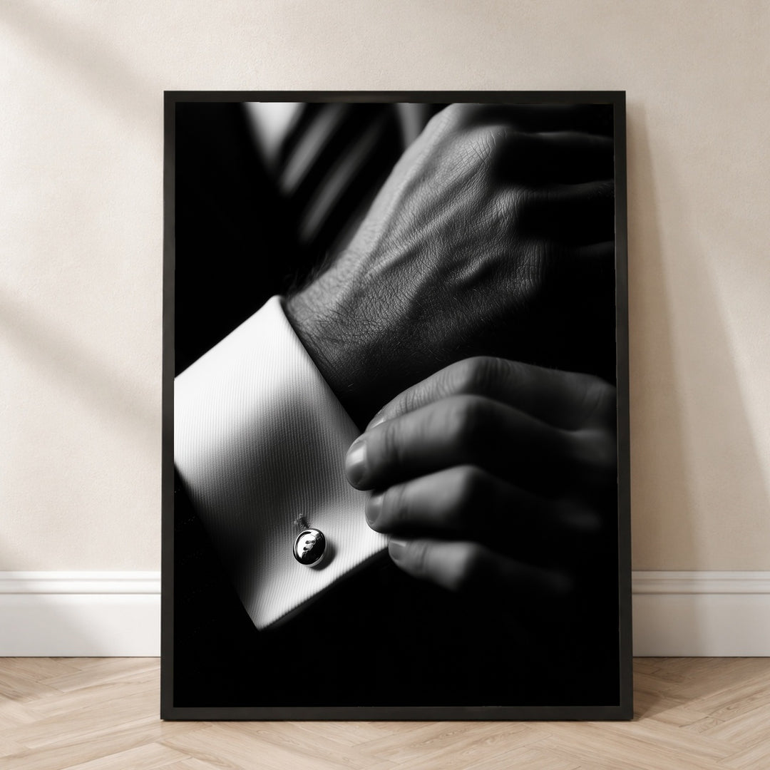 Manschettenknopf in schwarz-weiß Poster – Schwarzer Rahmen – Produktfoto