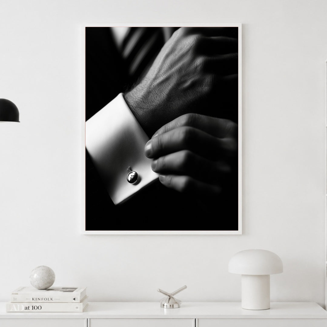 Manschettenknopf in schwarz-weiß Poster – Weißer Rahmen – Produktfoto