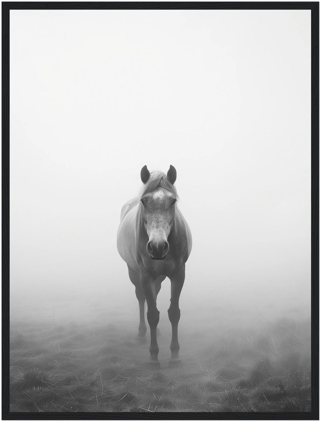 Pferd im Nebel Poster – Schwarzer Rahmen – Produktfoto