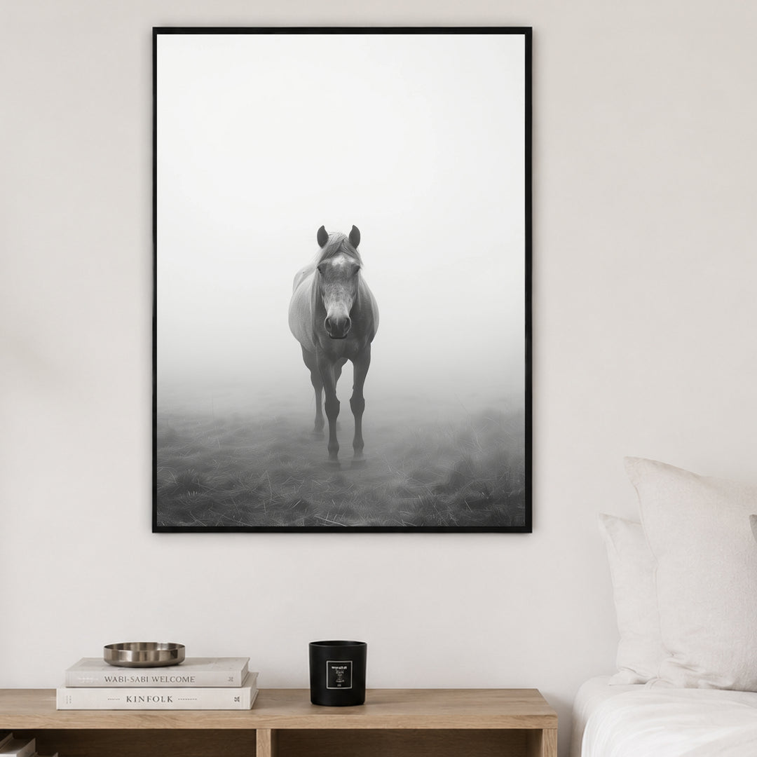 Pferd im Nebel Poster – Schwarzer Rahmen – Produktfoto