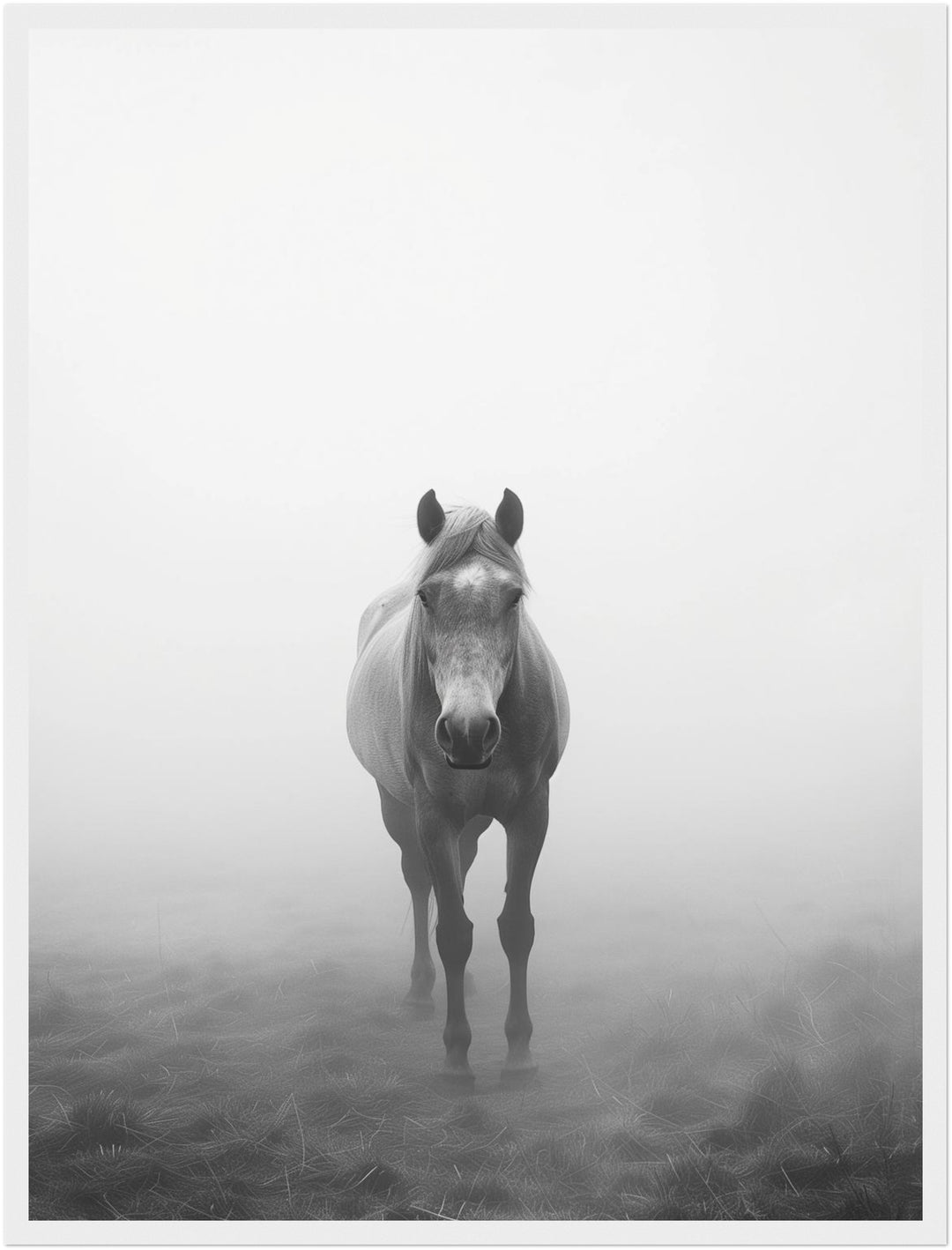 Pferd im Nebel Poster – Weißer Rahmen – Produktfoto