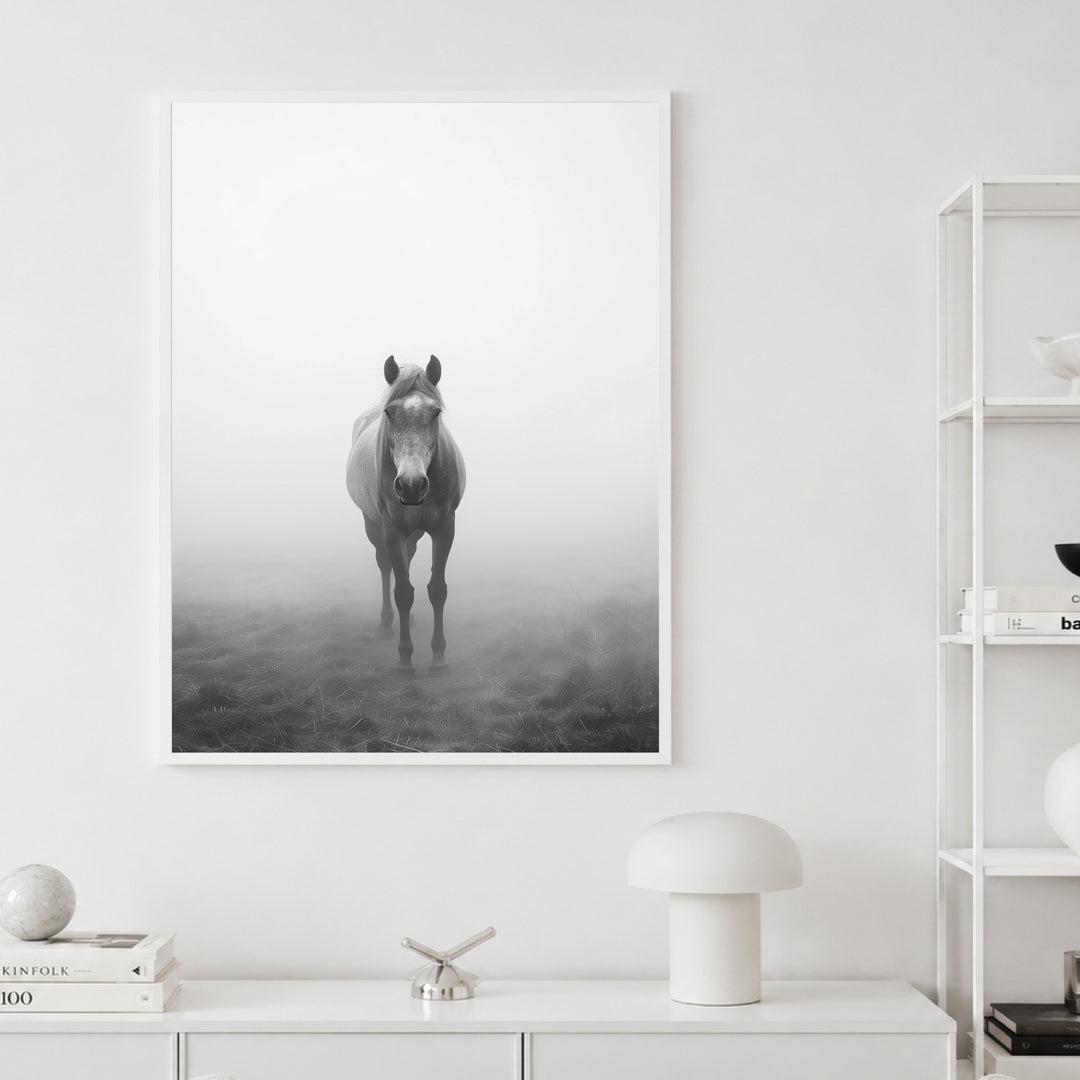 Pferd im Nebel Poster – Weißer Rahmen – Produktfoto