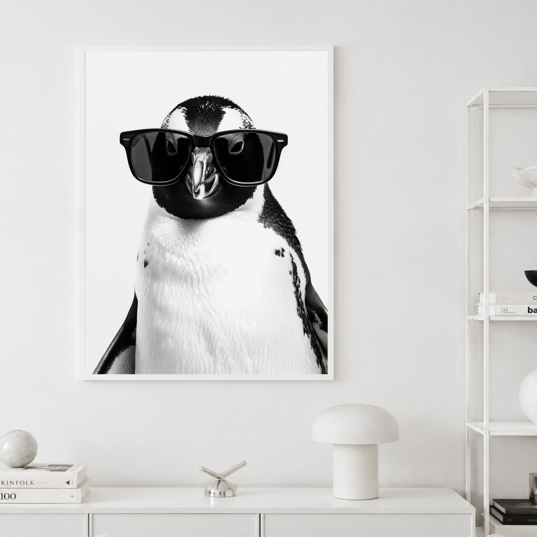 Pinguin mit Sonnenbrille Poster – Weißer Rahmen – Produktfoto