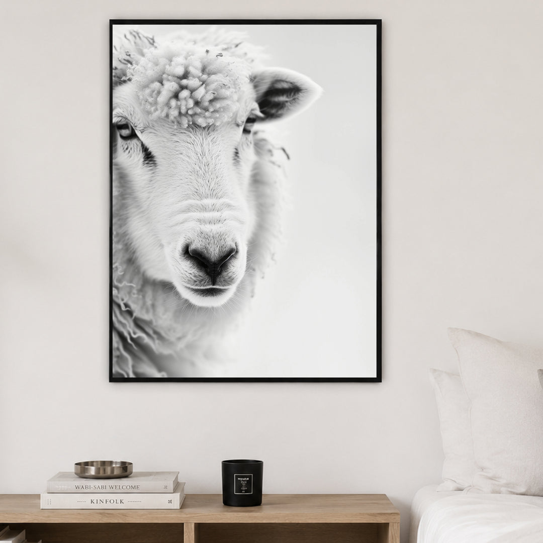 Schaf Portrait Schwarz Weiss Poster – Schwarzer Rahmen – Produktfoto