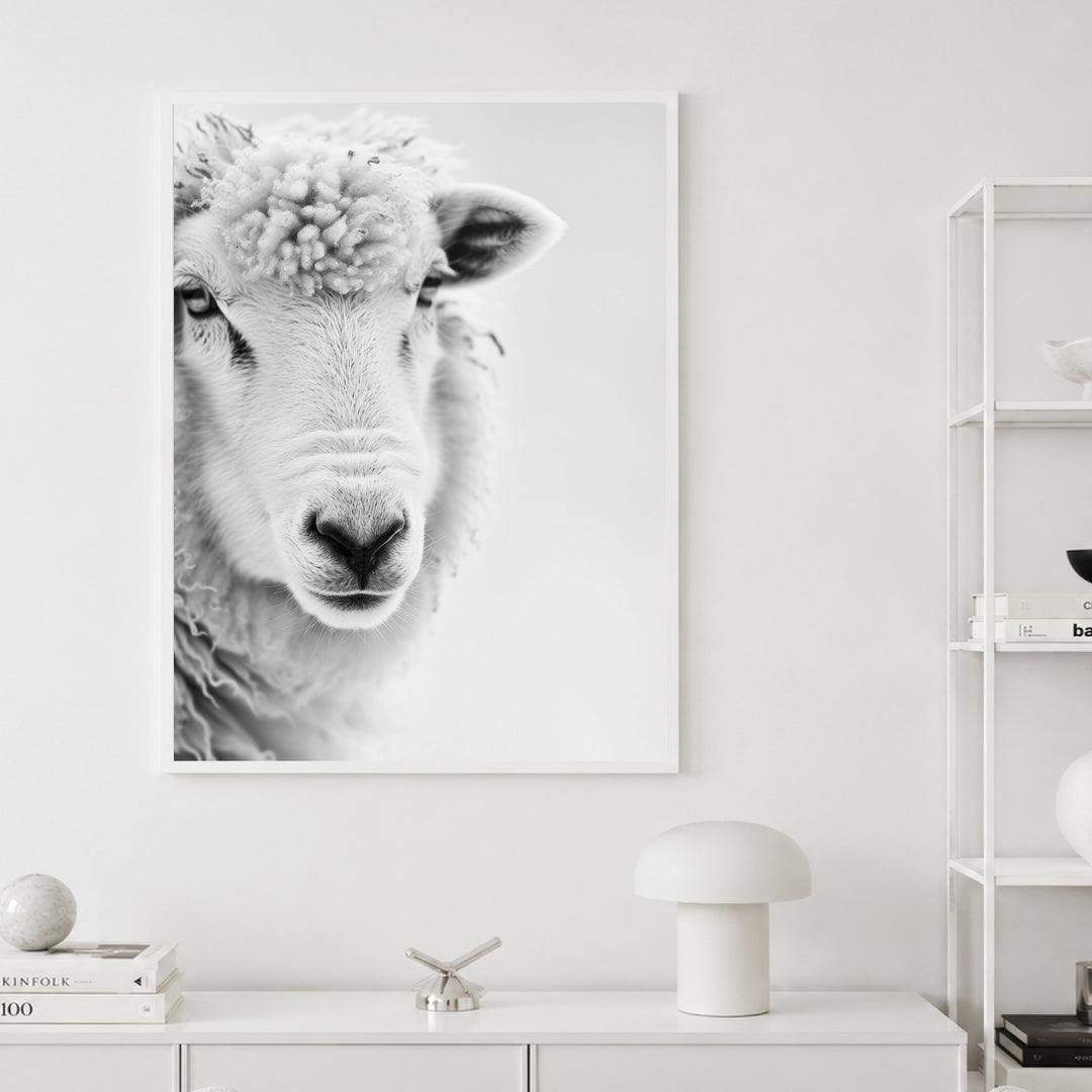 Schaf Portrait Schwarz Weiss Poster – Weißer Rahmen – Produktfoto