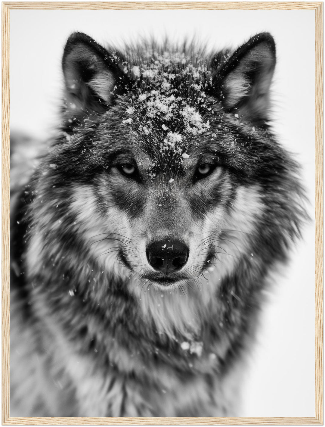 Wolf im Schneetreiben Poster – Holz natur Rahmen – Produktfoto