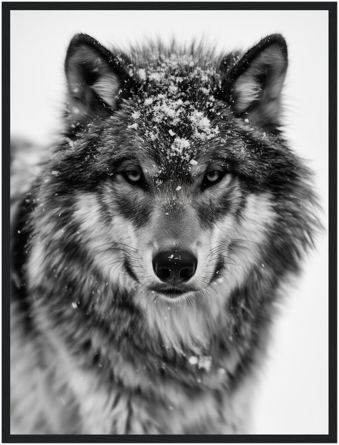 Wolf im Schneetreiben Poster – Schwarzer Rahmen – Produktfoto
