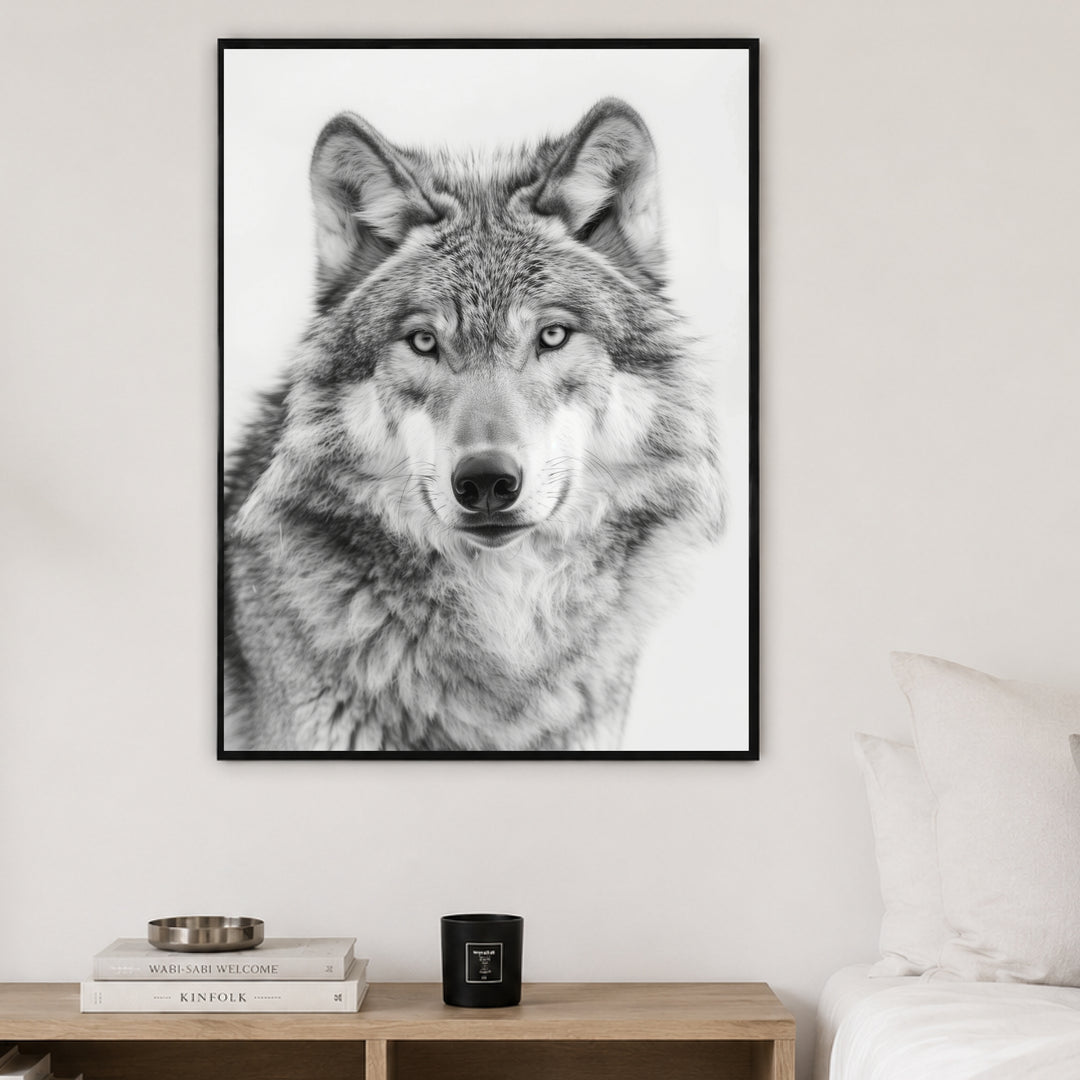 Wolf im Schwarz-Weiß-Zauber Poster – Schwarzer Rahmen – Produktfoto