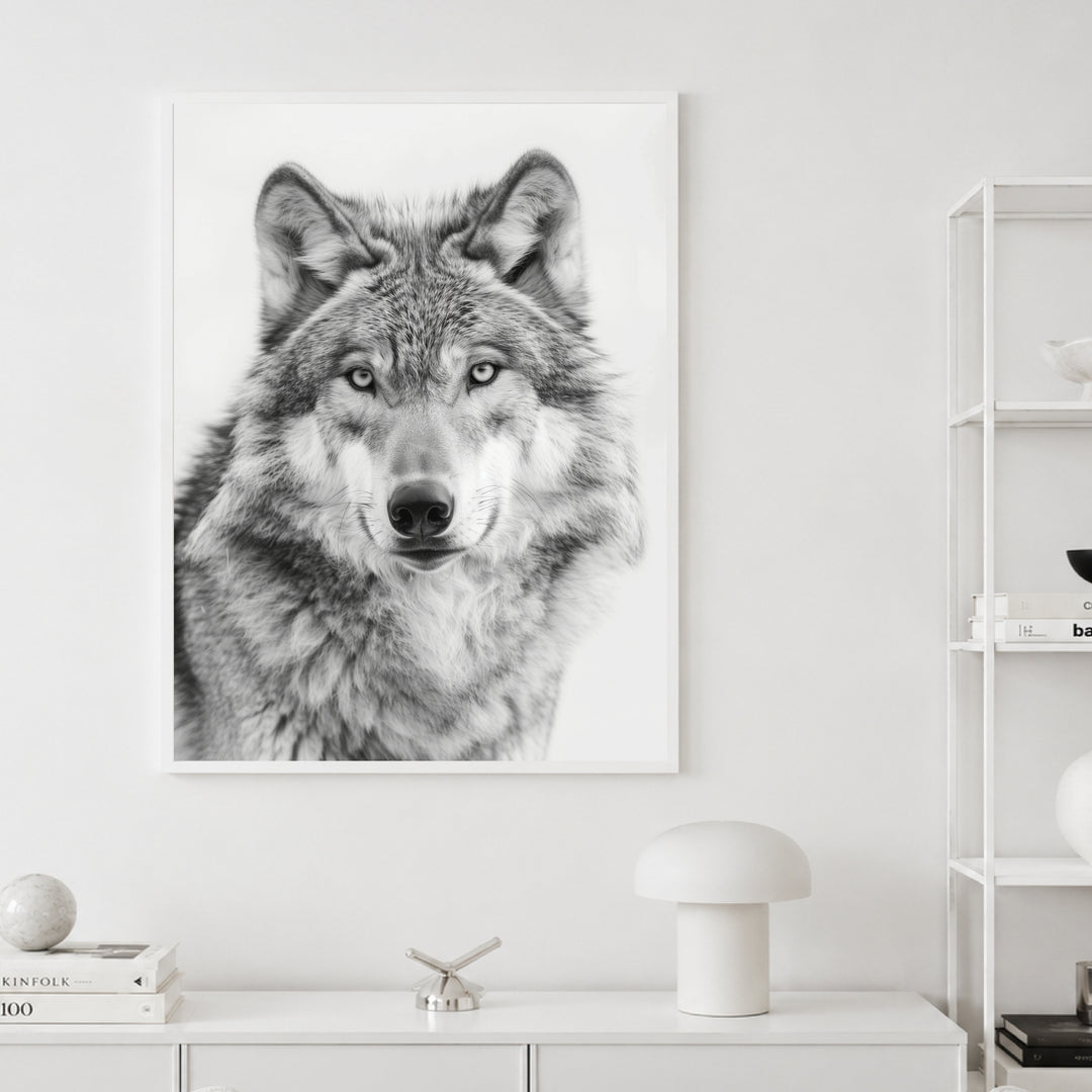 Wolf im Schwarz-Weiß-Zauber Poster – Weißer Rahmen – Produktfoto