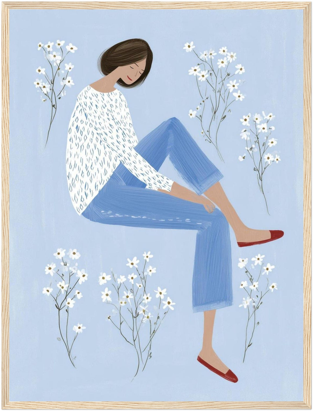 Sitzende Frau mit Blumen Poster – Holz natur Rahmen – Produktfoto