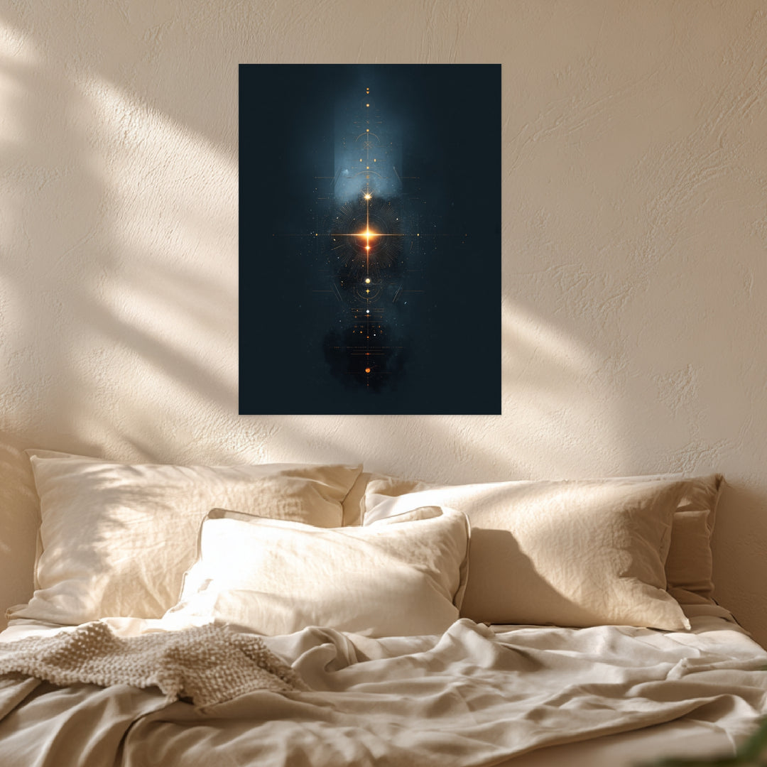 Geometrisches Lichtsymbol Kosmos Leinwandbild abstrakt – Leinwand auf Holzrahmen – Ansicht 3