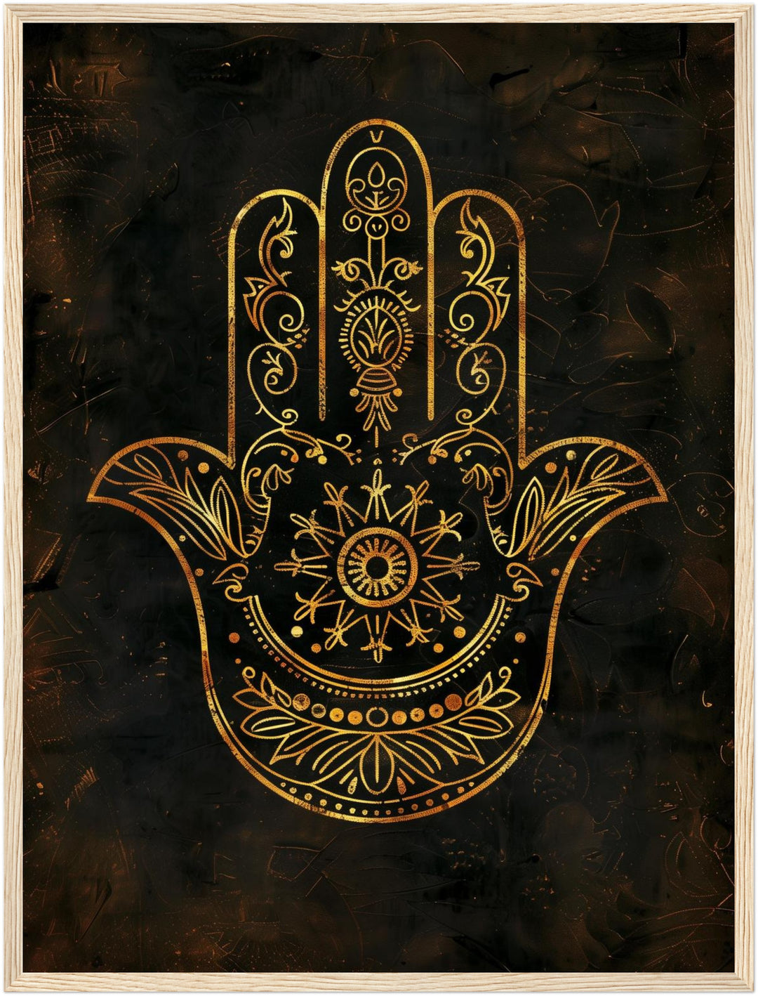 Goldene Hamsa Hand Poster – Holz natur Rahmen – Produktfoto