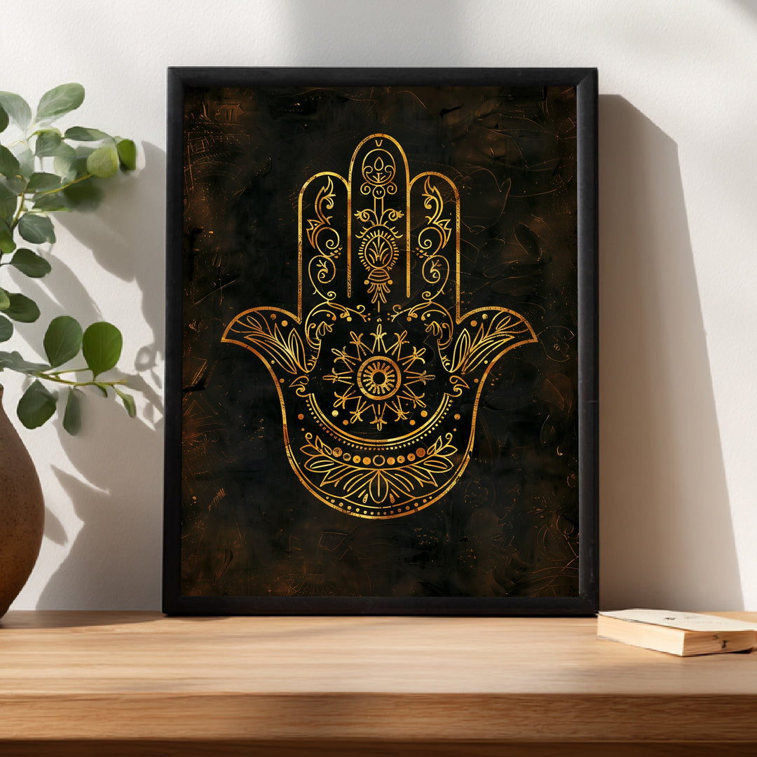 Goldene Hamsa Hand Poster – Schwarzer Rahmen – Produktfoto