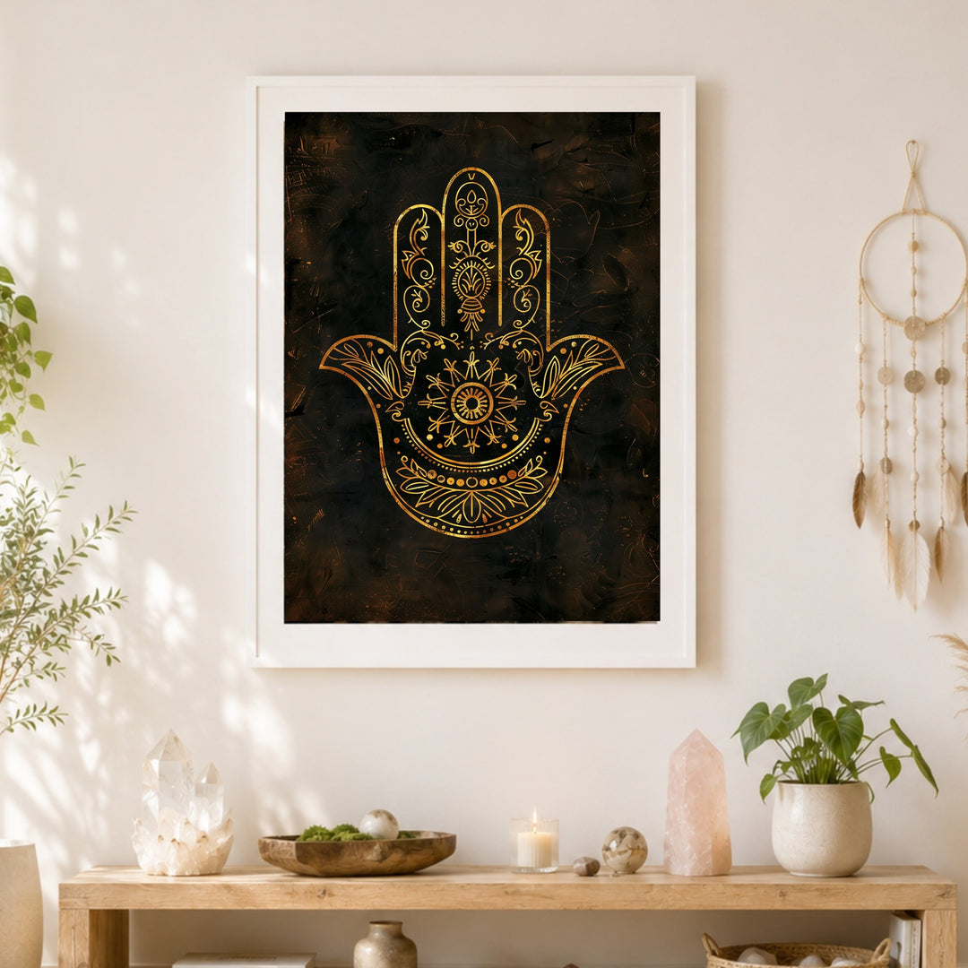 Goldene Hamsa Hand Poster – Weißer Rahmen – Produktfoto