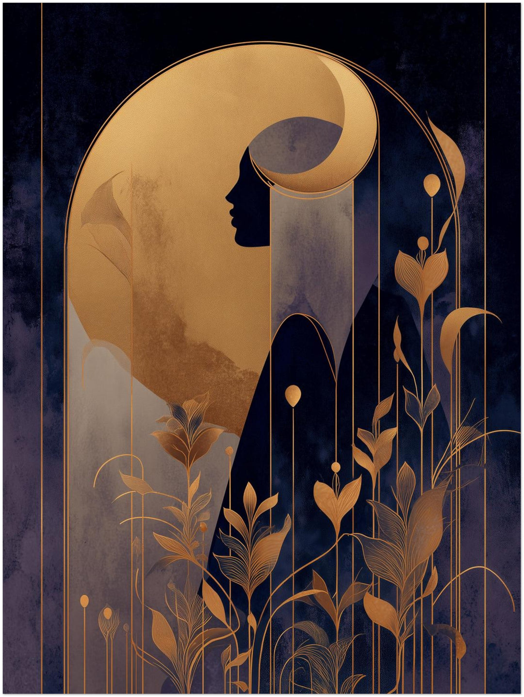 Goldene weibliche Silhouette Pflanzen abstrakt – Wandkunst