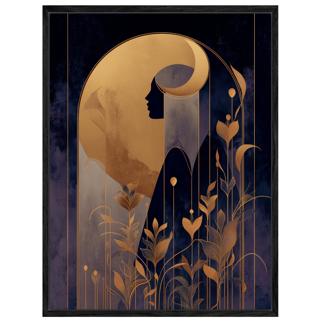 Goldene weibliche Silhouette Pflanzen Leinwandbild abstrakt – Leinwand auf Holzrahmen – Ansicht 2