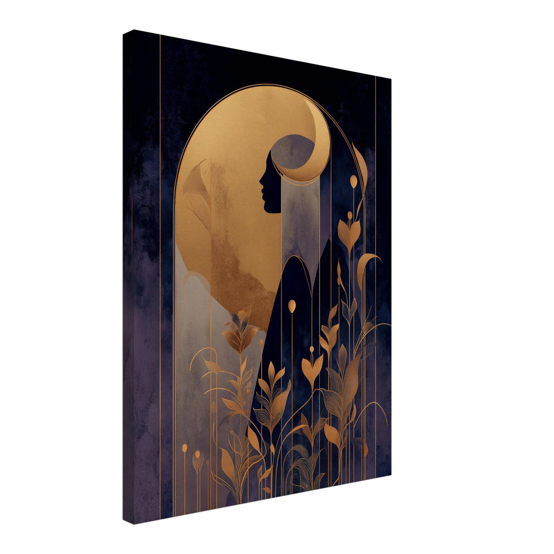Goldene weibliche Silhouette Pflanzen Leinwandbild abstrakt – Leinwand auf Holzrahmen – Ansicht 3